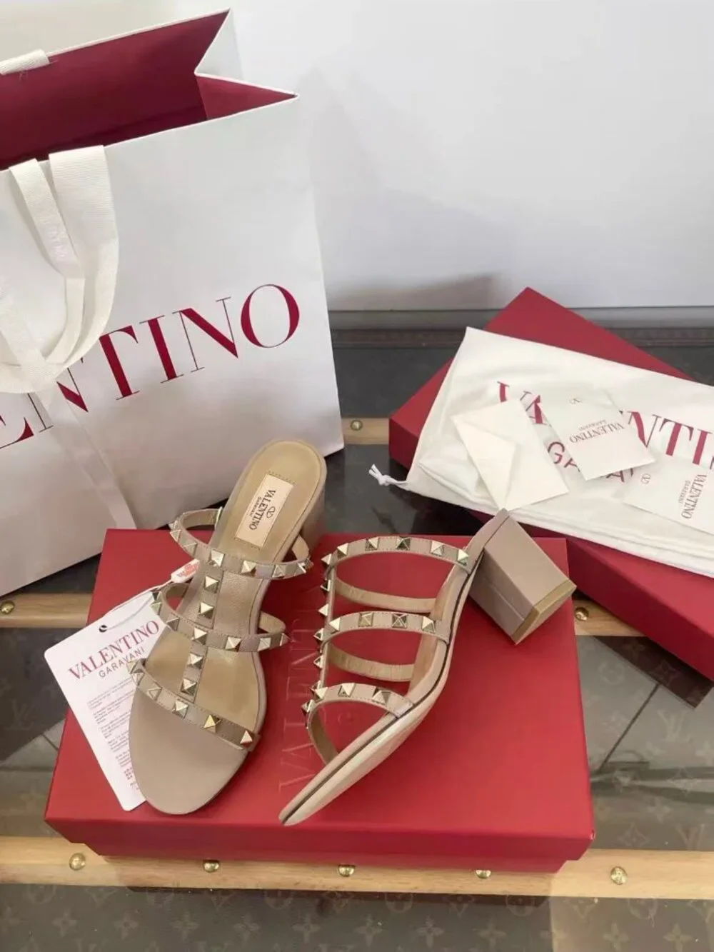 Valentino Rockstud Nude Leather Block‑Heel Slide Sandals